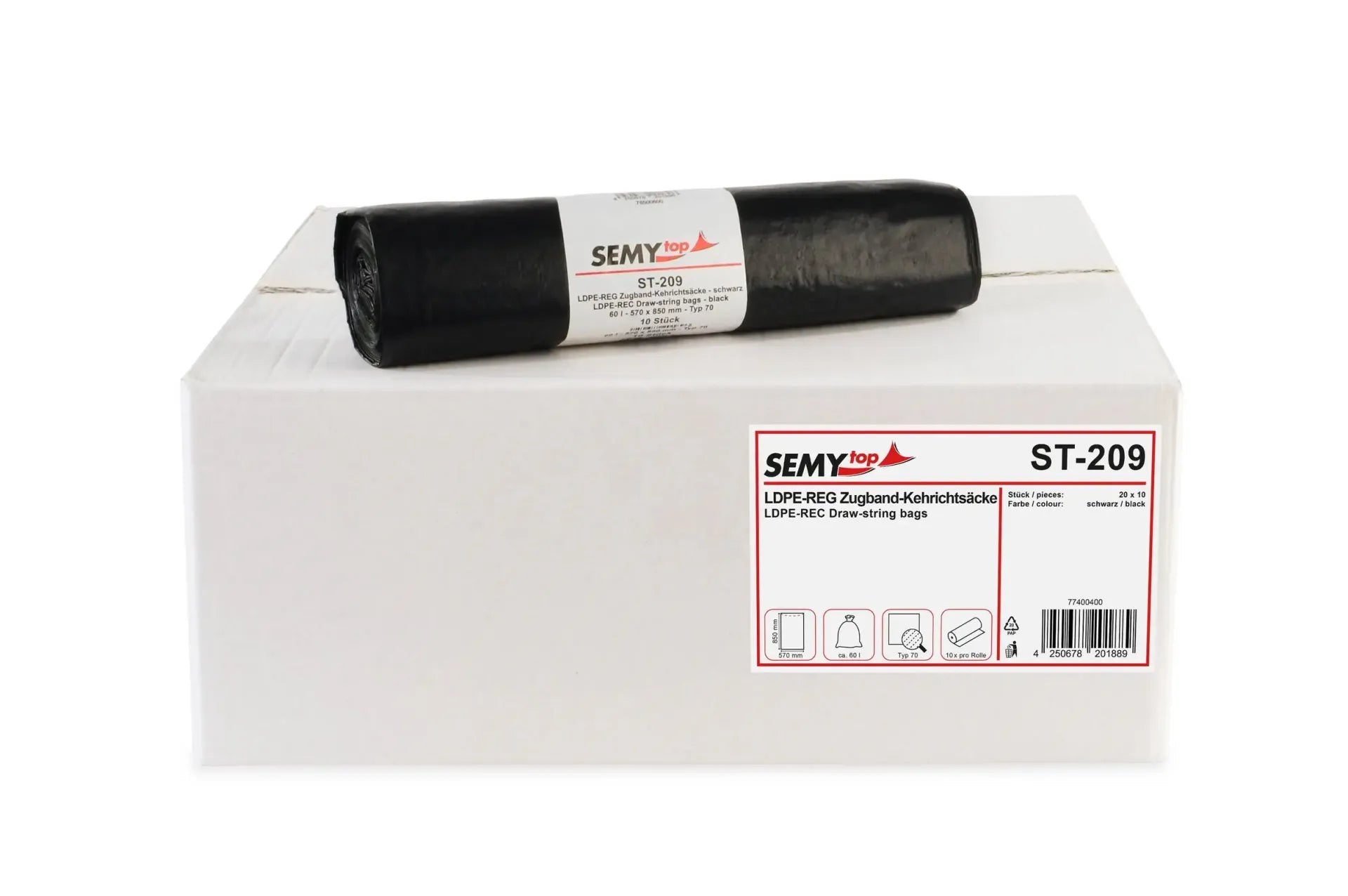 SemyTop Zugband-Kehrichtsäcke 60L, LDPE-Regenerat, Typ 70